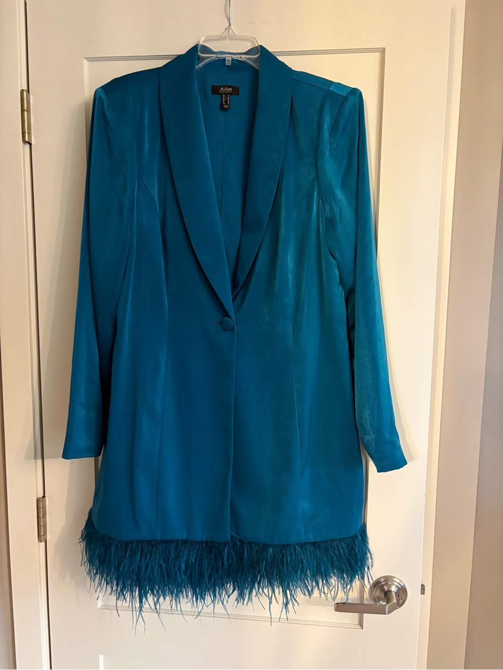 Aidan Mattox Teal Tuxedo Dress with Feather Hem Tagged Sz 18 Fits Size 14
